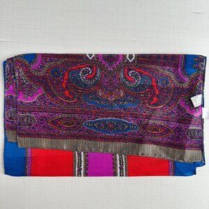 Plymouth Polyester Scarf 11x50 Paisley Stripe Red Purple Blue Vintage Italy